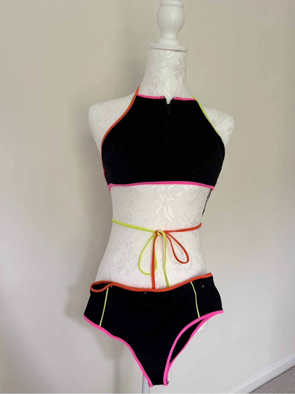 NWT ZARA High-Neck Zipped Up Black Bikini Set with Neon Trim